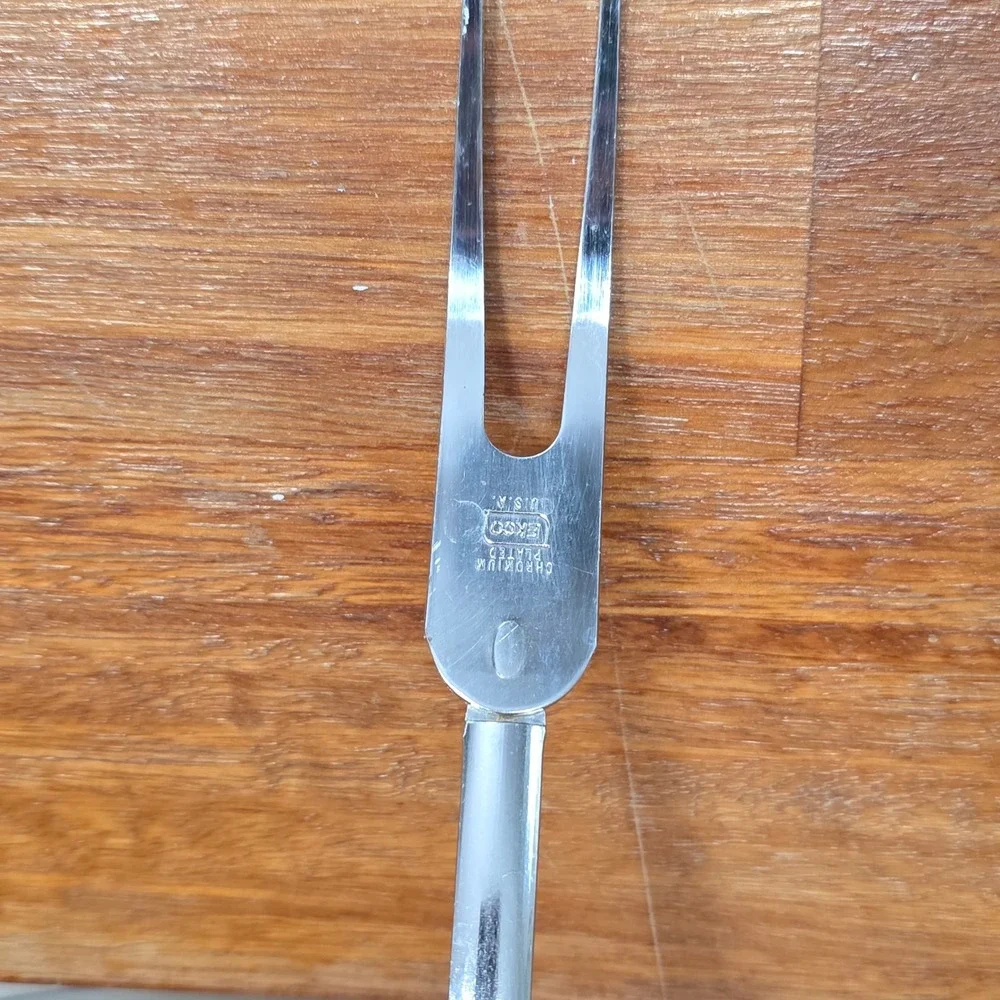 Vintage Ekco Meat Carving Fork Chromium Plated USA Green White Handle Retro MCM
